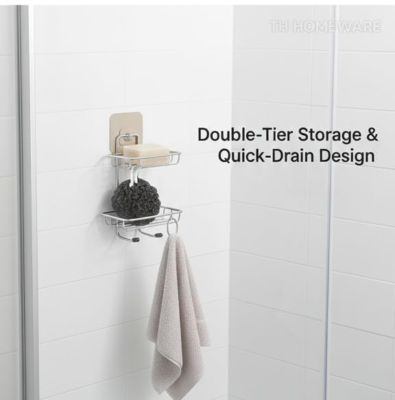 TH Homeware 2 Layer Stainless Steel Wall Mounted Kitchen & Bathroom Storage Rack | Multipurpose Organizer Shelf with Adhesive Hooks (Silver) Premium