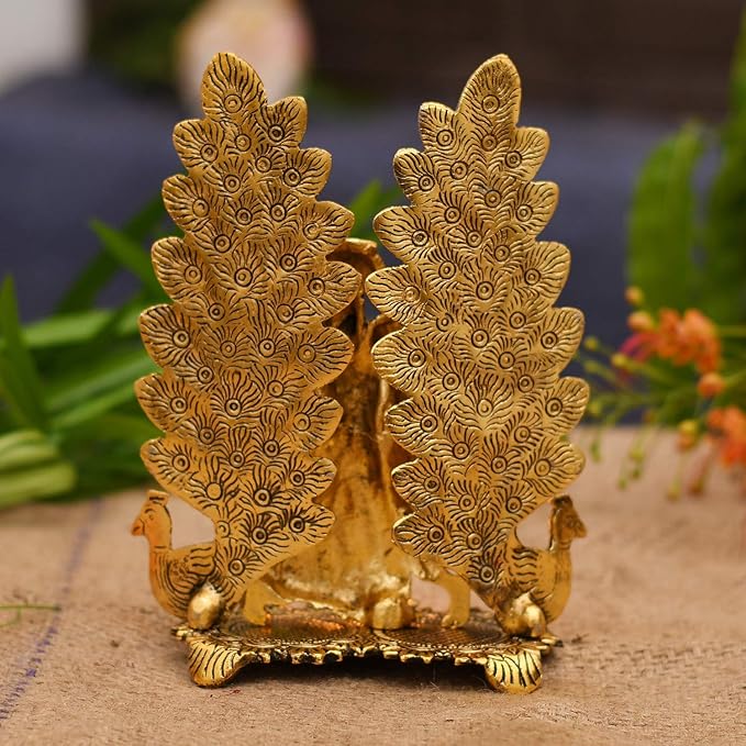 Collectible India Peacock Design Radha Krishna Idol Showpiece with Diya for Puja and Home Decor
