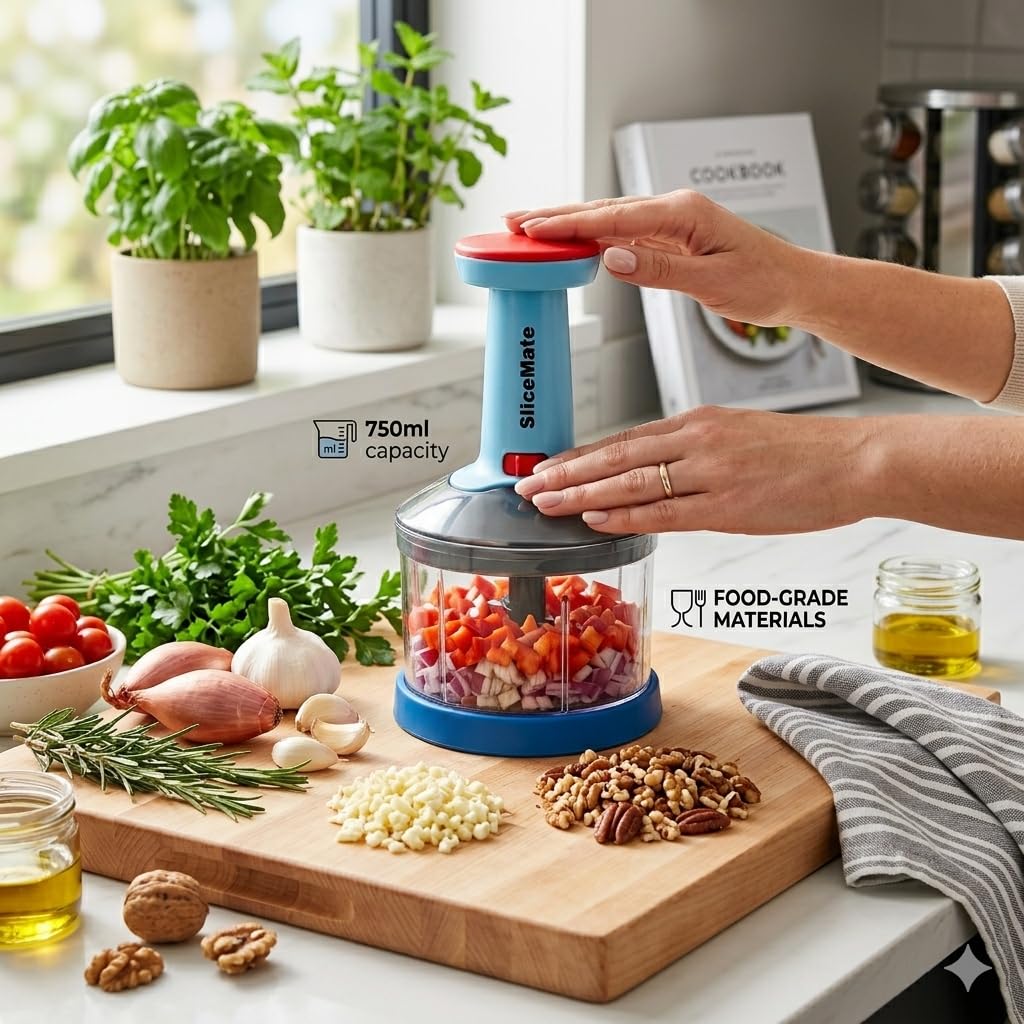 Vegetable Chopper, Manual Food Chopper with 3 Stainless Steel Blades, Onion Cutter, Vegetable & Fruit Chopper, Easy & Fast Kitchen Chopper, Strong Unbreakable Bowl