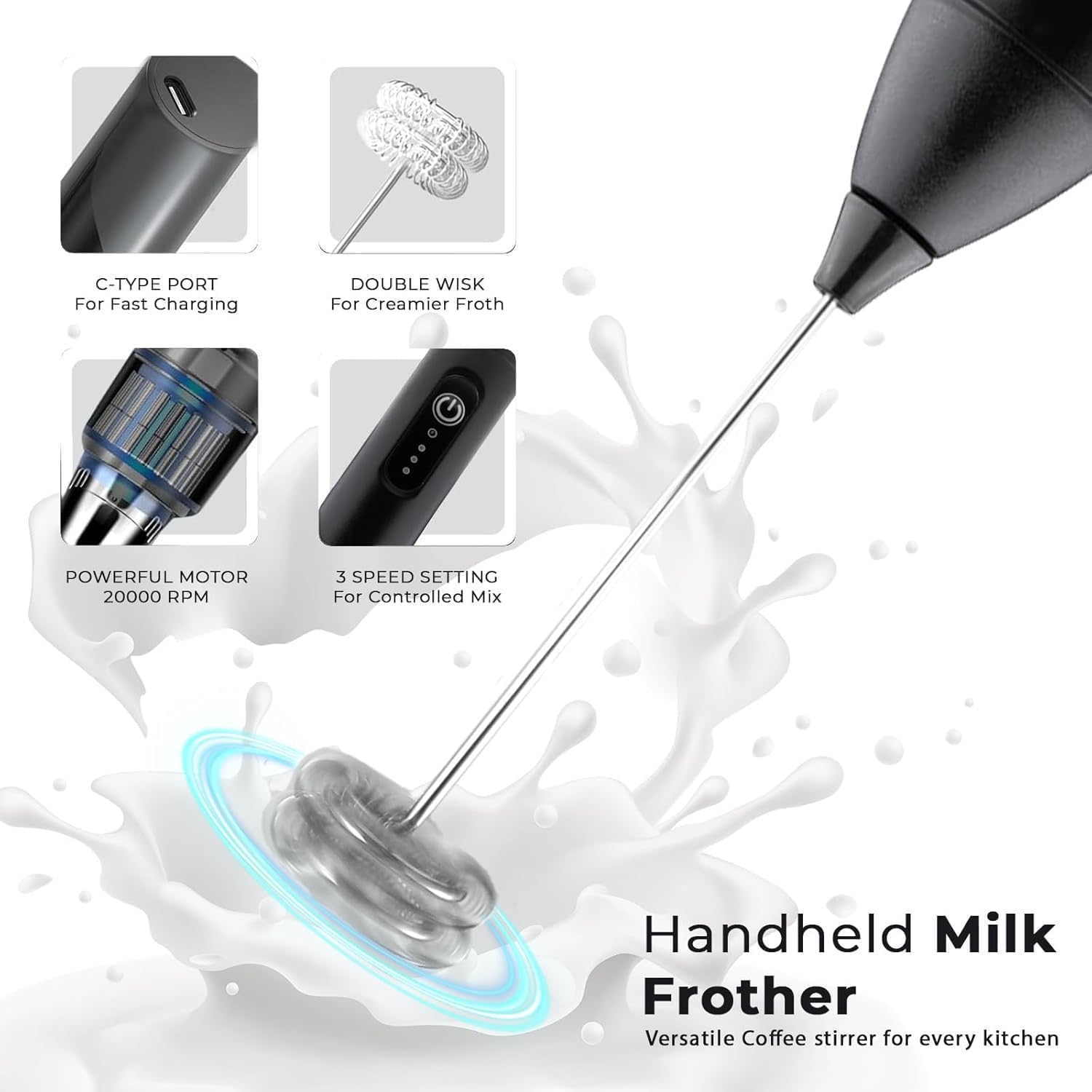 PRIMESKY® Coffee Frother Electric Blender Wand 3 Speed Modes Rechargable Mini Handheld Milk Frother with Stainless Steel Whisk Drink Mixer