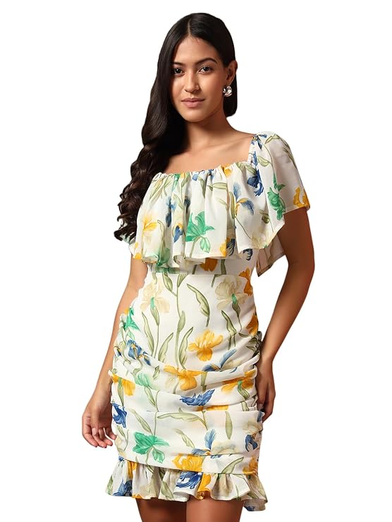 Trend Arrest.ed Women's Floral Ruched Mini Dress | Off-Shoulder Ruffle Neckline | Fully Lined Short Dress | Casual Summer Brunch & Vacation Wear