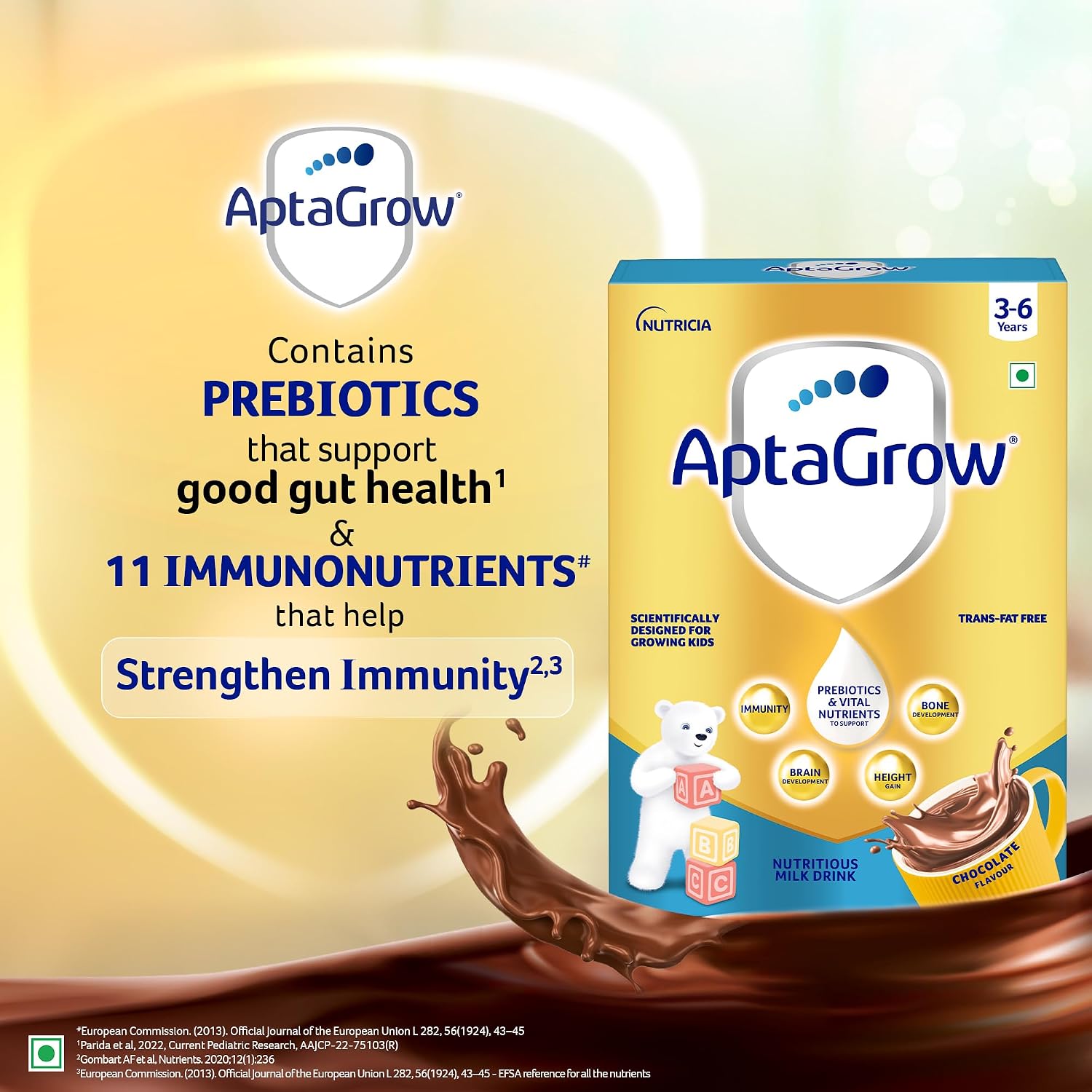 AptaGrow Milk Drink Powder For Kid S Height Gain,Immunity & Brain Development,Nutritious & Tasty Chocolate Flavor,400 G|37 Nutrients|Prebiotics|Low Fat|Veg,1 Count,13 Servings