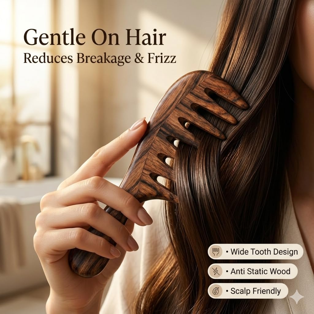 Anti–Hair Fall Indian Rosewood Wooden Comb for Hair – Anti Static Sheeham Wood Comb – Extra Wide Tooth Natural Hair Comb for Men & Women