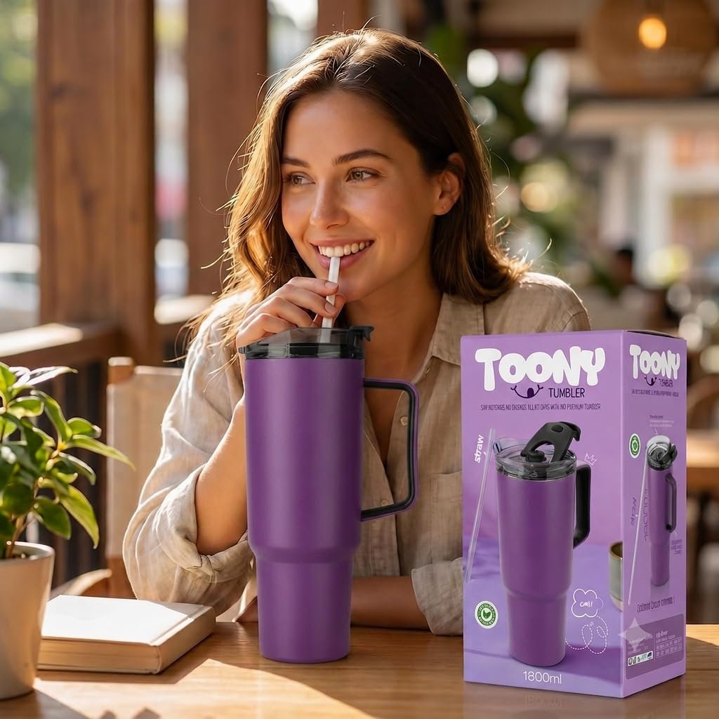SR Plastic Tonny Tumbler with Handle & Lid, Straws – Mug with Lid | Reusable Plastic Coffee Sipper Mugs with Lid & Straw | Large Travel Mug Water Cup for Gym, Office & Outdoor Use (Purple)