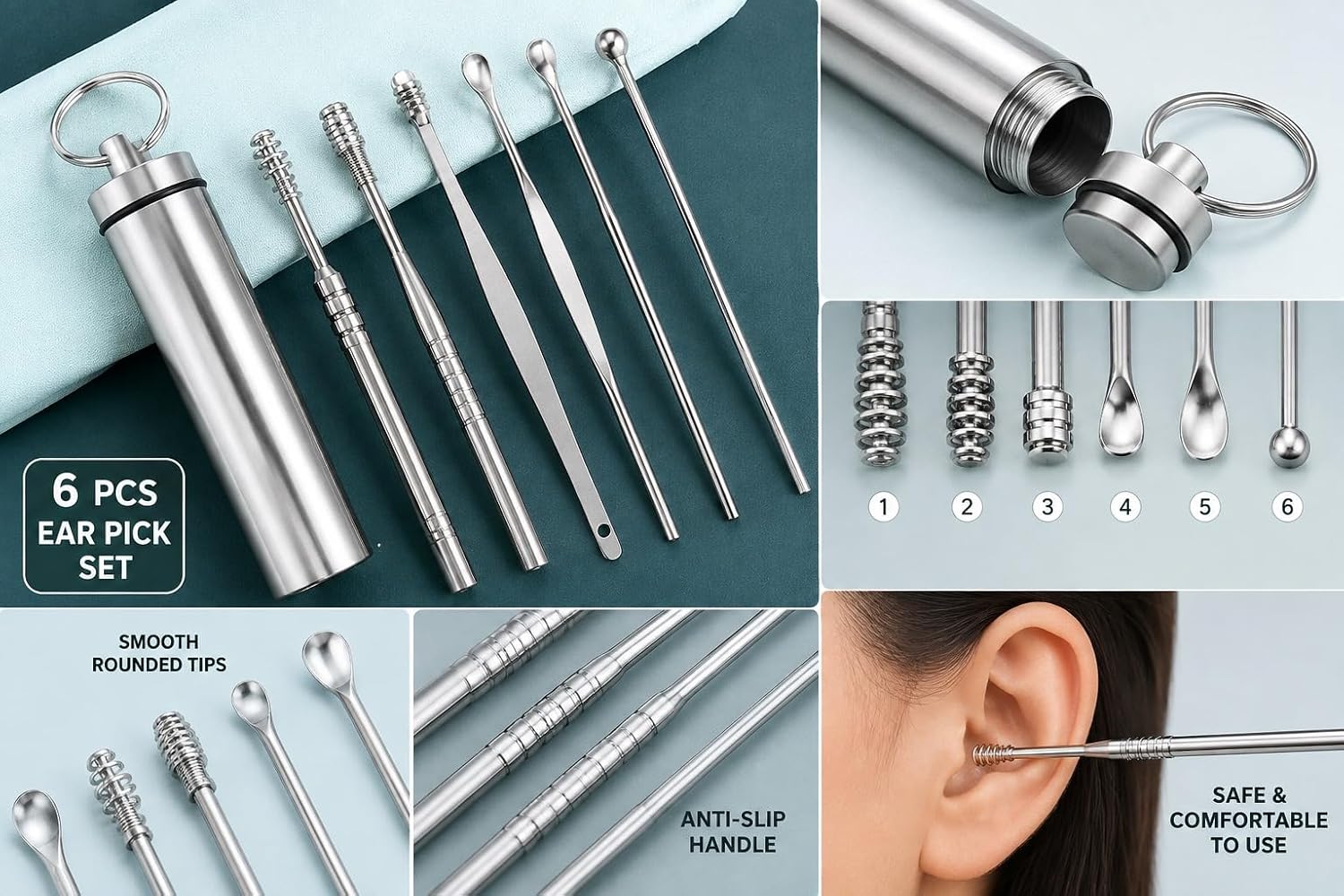 Ear Wax Cleaner (6 Pc) Resuable Ear Wax Cleaner Reusable Removal Kit Steel Ear Cleansing Tool Set Spiral Ear Curette Tool with Cleaning Brush For Kids Man Woman (STEEL)