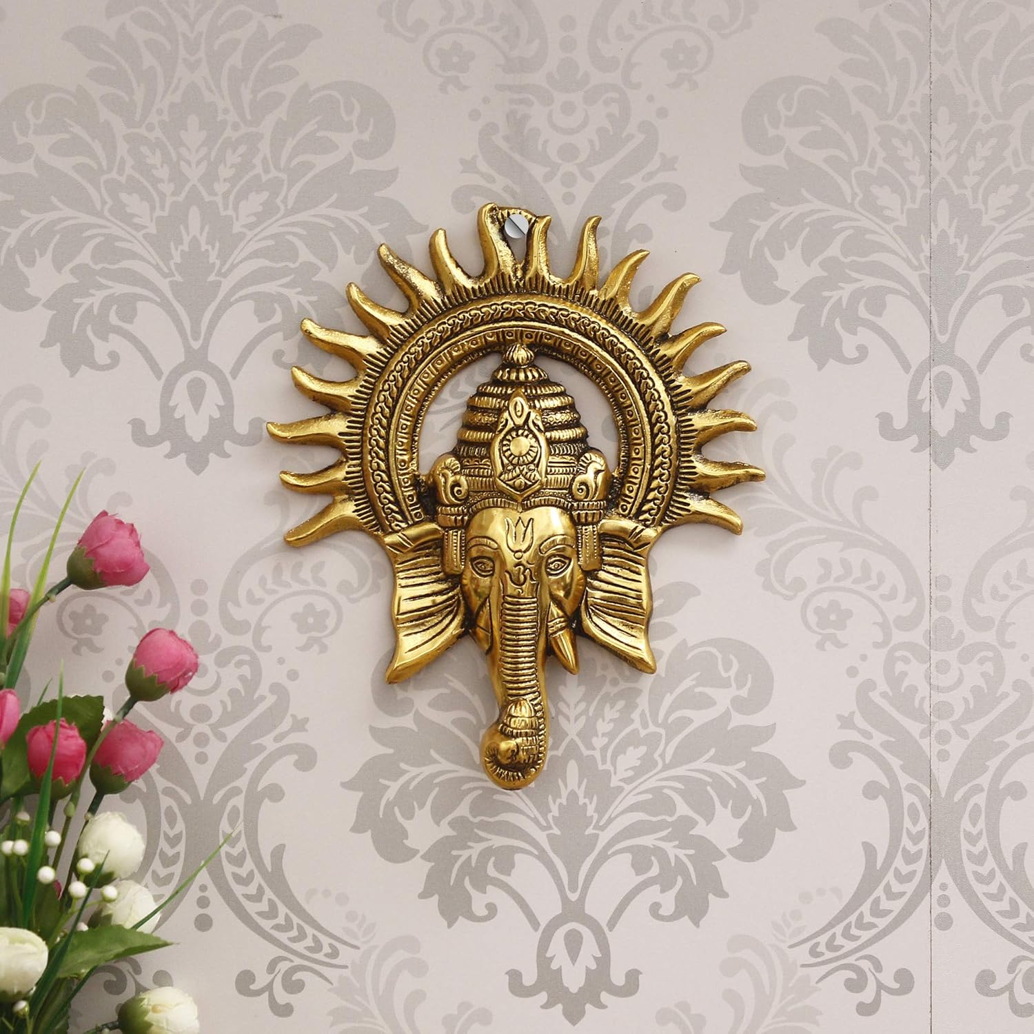 eCraftIndia Golden Metal Sun Decorative Ganesha Wall Hanging | Lord Ganesha Statue Wall Art- Decorative Showpiece for Wall Decor
