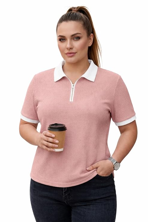 Women Polyester Regular Fit Polo T-Shirt with Short Sleeve and Zipper Waffle Self Design