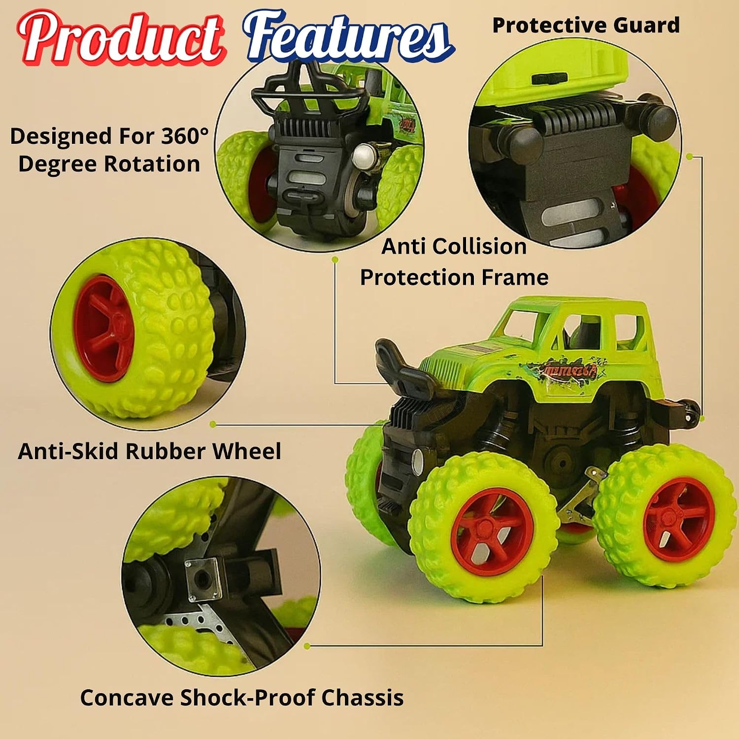 GRAPHENE 4WD Friction Powered Monster Truck Toy Push & Go Off-Road Car for Kids Amazing 360° Stunts