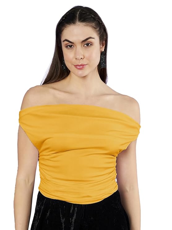 Istyle Can Women's Solid/Plain Asymmetric Hem Stretchable Draped Crop Top. Sleeveless, Single Shoulder, Off Shoulder, Cowl Neck, Crop Length