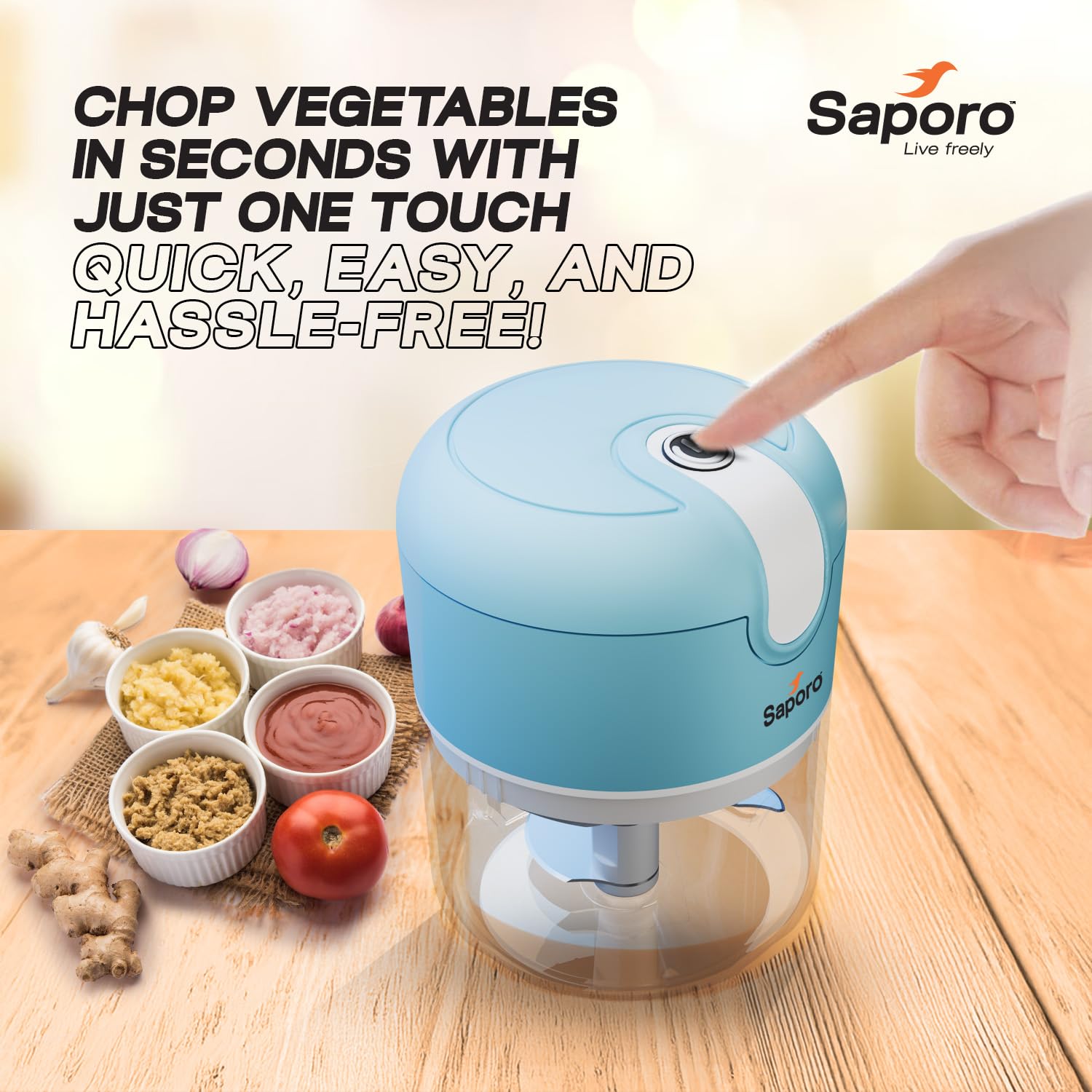 Saporo Strike Mini Rechargeable Vegetable Chopper for Kitchen - One Touch Operation - 3 Stainless Steel Blades for Chopping Onion, Mincing Garlic, Nuts, Meats - 250 ml Capacity, Blue