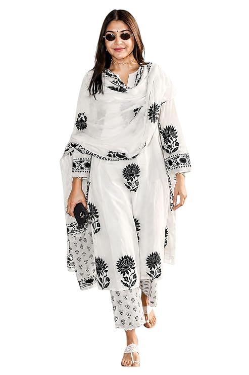 Women's Hand Block Floral Printed Straight Kurta Set with Palazzo Pants & Dupatta Ethnic Kurta Set for Casual Outings Day Events Summer Wear Festive