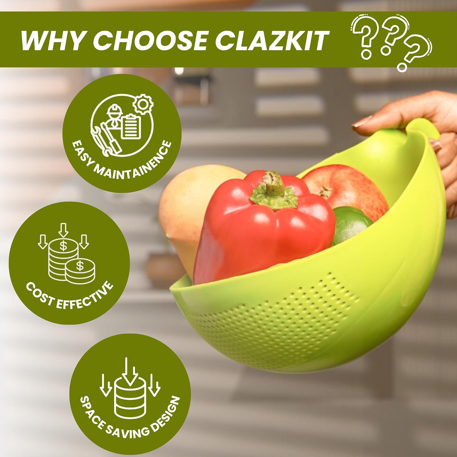 Clazkit Food Strainer Colander, Fruit Basket, Pasta Strainer, Vegetable Strainer, Kitchen Sieve, Washing Bowl, Unbreakable, (Color May Vary), Plastic - 11.3 x 18 x 24.1 Centimeters