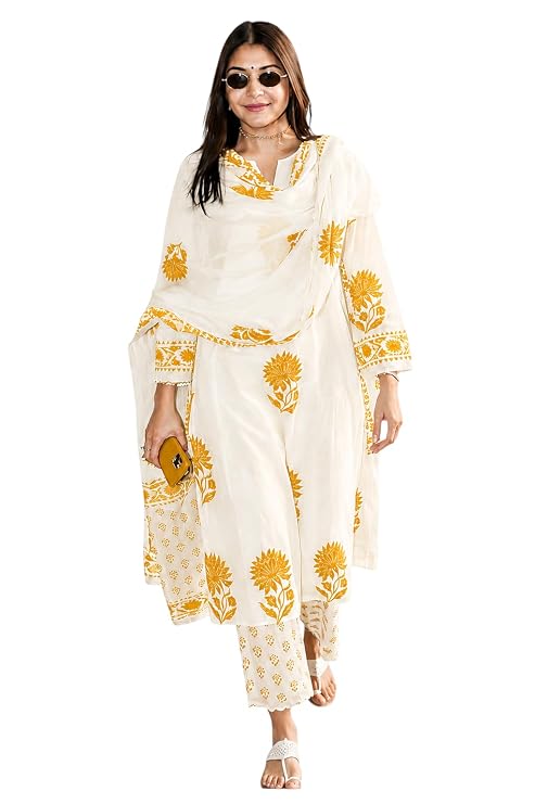 Women's Hand Block Floral Printed Straight Kurta Set with Palazzo Pants & Dupatta Ethnic Kurta Set for Casual Outings Day Events Summer Wear Festive