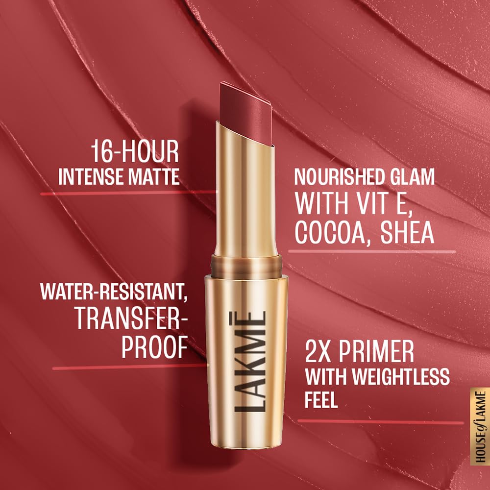 LAKMÉ LAKM Lakme Powerplay Priming Matte Lipstick, Smooth Finish, Lightweight Smudgeproof, Lasts 16hrs, Hydrates Lips,, Roseatte Red, 3.6g | Red