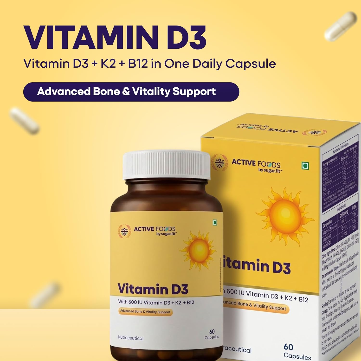 Sugar.fit Vitamin D3 K2 Supplement with Vitamin B12
