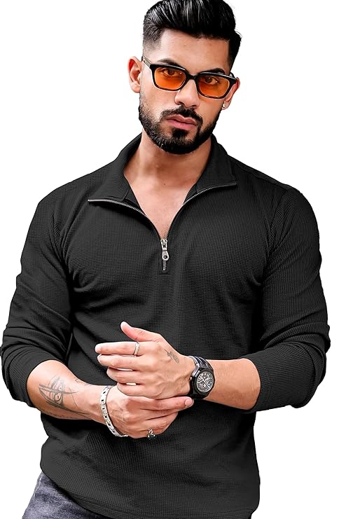 KAJARU Men's Polyester Blend T Shirt with Spread Collar Neck Line Zipper Closure Full Sleeves Solid Pattern Regular Fit and Standard Length