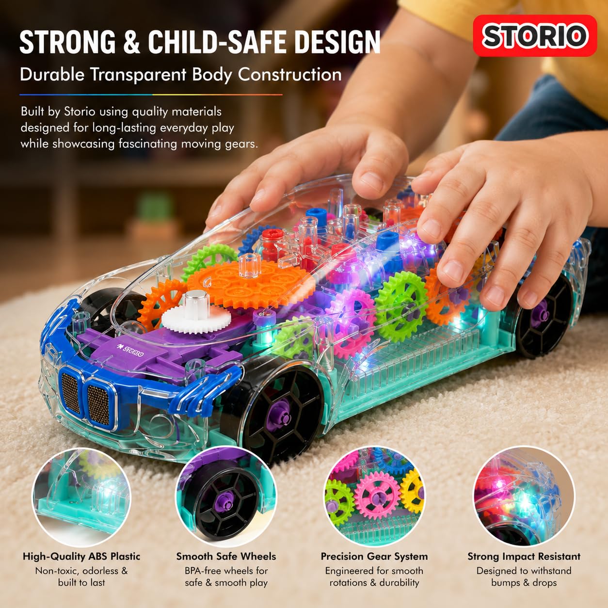 Storio 3D Baby Car Toy with 360 Degree Rotation, Gear Simulation Mechanical Car with Sound Music & Light Toys for Kids Boys & Girls, Multicolor