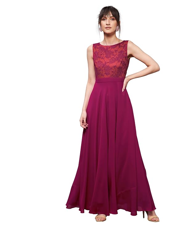 Miss Chase Women's Brick Red & Dusty Green Boat Neck Sleeveless Self Design Lace Overlaid Regular Dress