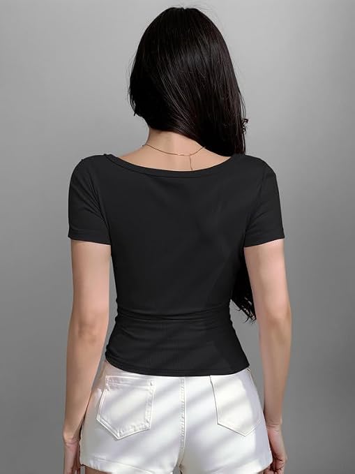 Dream Beauty Fashion Women’s Square Neck Button Front Short Sleeve Stretch Casual T-Shirt, Ribbed Slim Fit Crop Top (Top Aaru - PP)
