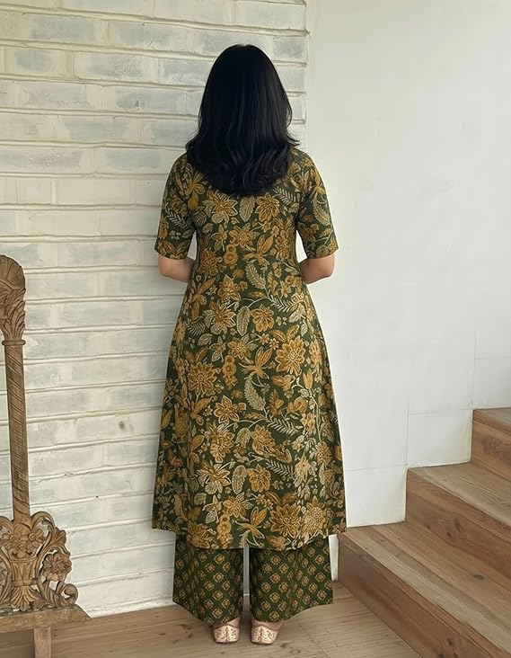 ANNI Designer Women's Viscose Blend Straight Printed Kurta with Palazzo | Elbow Length Sleeve Kurti Set