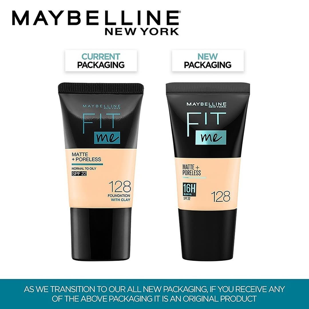 Maybelline New York Liquid Foundation, Matte & Poreless, Full Coverage Blendable Normal to Oily Skin, Fit Me, 128 Warm Nude, 18 ml
