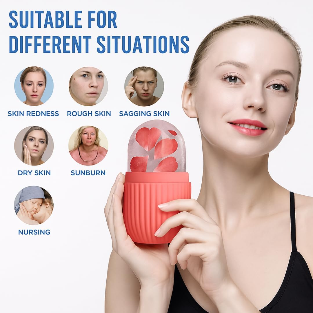 LEAFED Ice Roller for Face, Facial Ice Roller for Glowing Skin, Ice Roller for Face Massager, Puffy Eyes & Skin Tightening, Reusable & Unbreakable Face Roller for Men & Women (Pink)