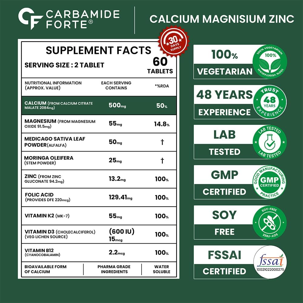 Carbamide Forte Veg Calcium And Vitamin D3 Tablets | Calcium Tablets For Women & Men | Magnesium Zinc Supplement With Vitamin D3 + K2 MK7 To Support Bones Health, Joints & Immunity - 60 Tablets