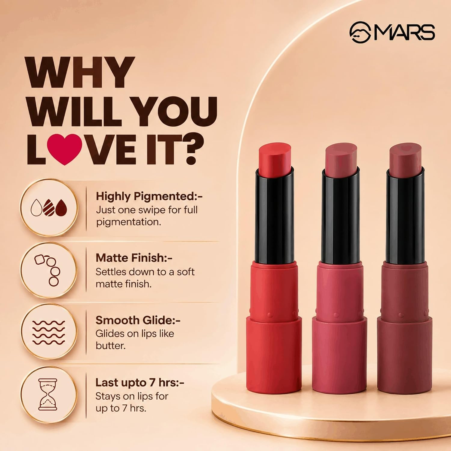 MARS Matte Box Set of 3 Lipsticks for Women | Pack of 3 Lipsticks | Matte Finish, Highly Pigmented | Smooth Glide & Long-Lasting| No Frequent Touch-ups (3x3.2 gm) (02-Peaches & Nudes)