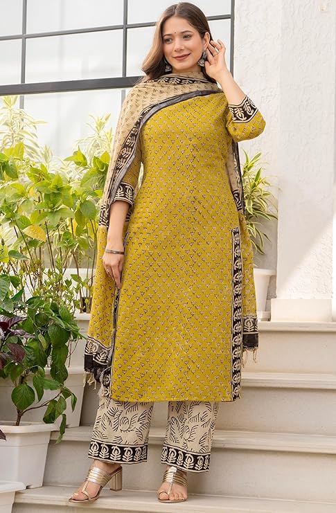 Amayra Women's Pure Cotton Straight Kurta Set with Palazzo Pants & Dupatta|Ethnic wear|Kurta Set for Women