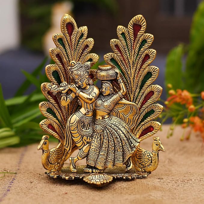 Collectible India Peacock Design Radha Krishna Idol Showpiece with Diya for Puja and Home Decor