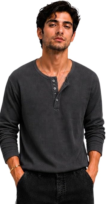 Men's Premium Waffle Knit Henley Tshirt for Men