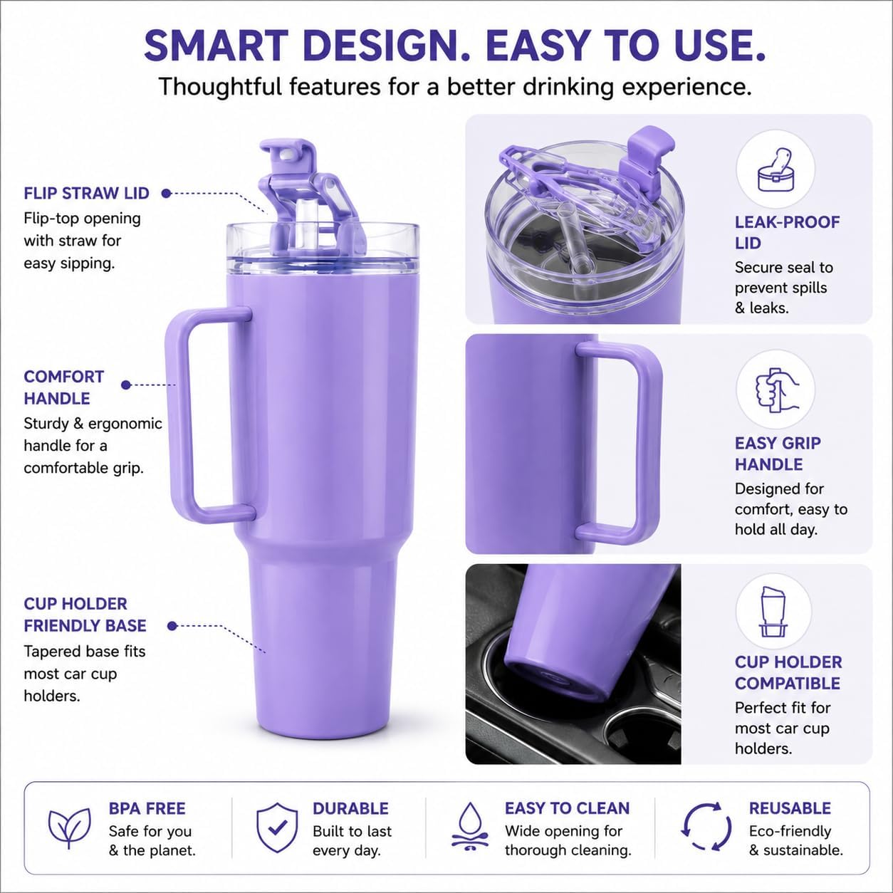 SR Plastic Tonny Tumbler with Handle & Lid, Straws – Mug with Lid | Reusable Plastic Coffee Sipper Mugs with Lid & Straw | Large Travel Mug Water Cup for Gym, Office & Outdoor Use (Purple)