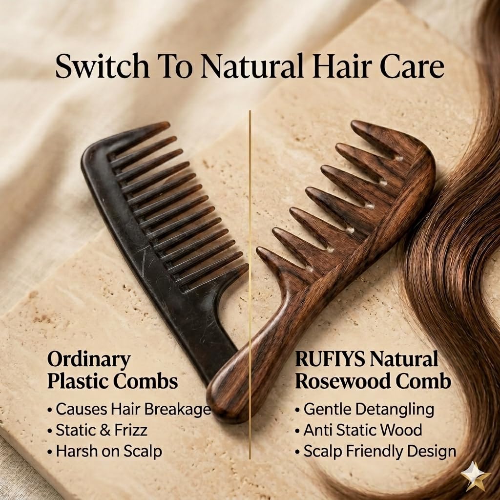 Anti–Hair Fall Indian Rosewood Wooden Comb for Hair – Anti Static Sheeham Wood Comb – Extra Wide Tooth Natural Hair Comb for Men & Women