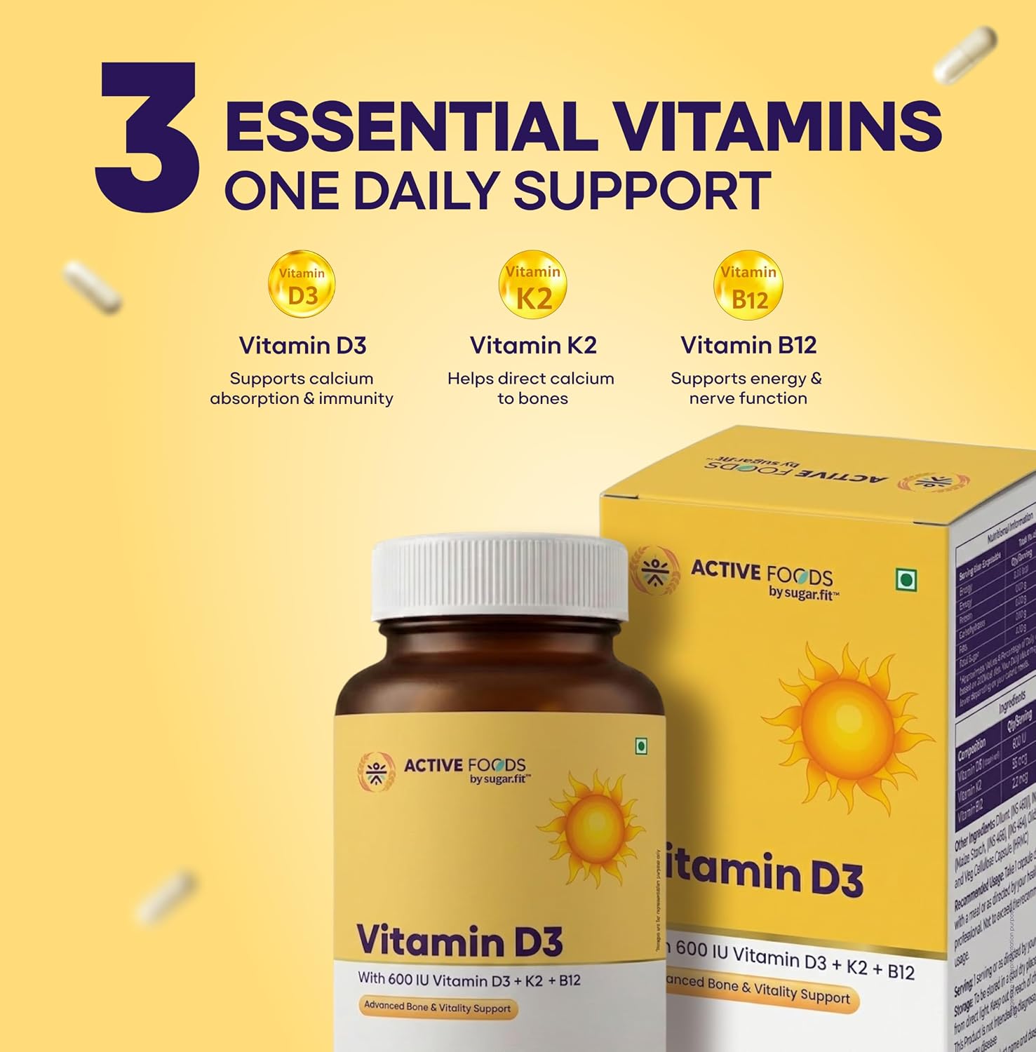 Sugar.fit Vitamin D3 K2 Supplement with Vitamin B12