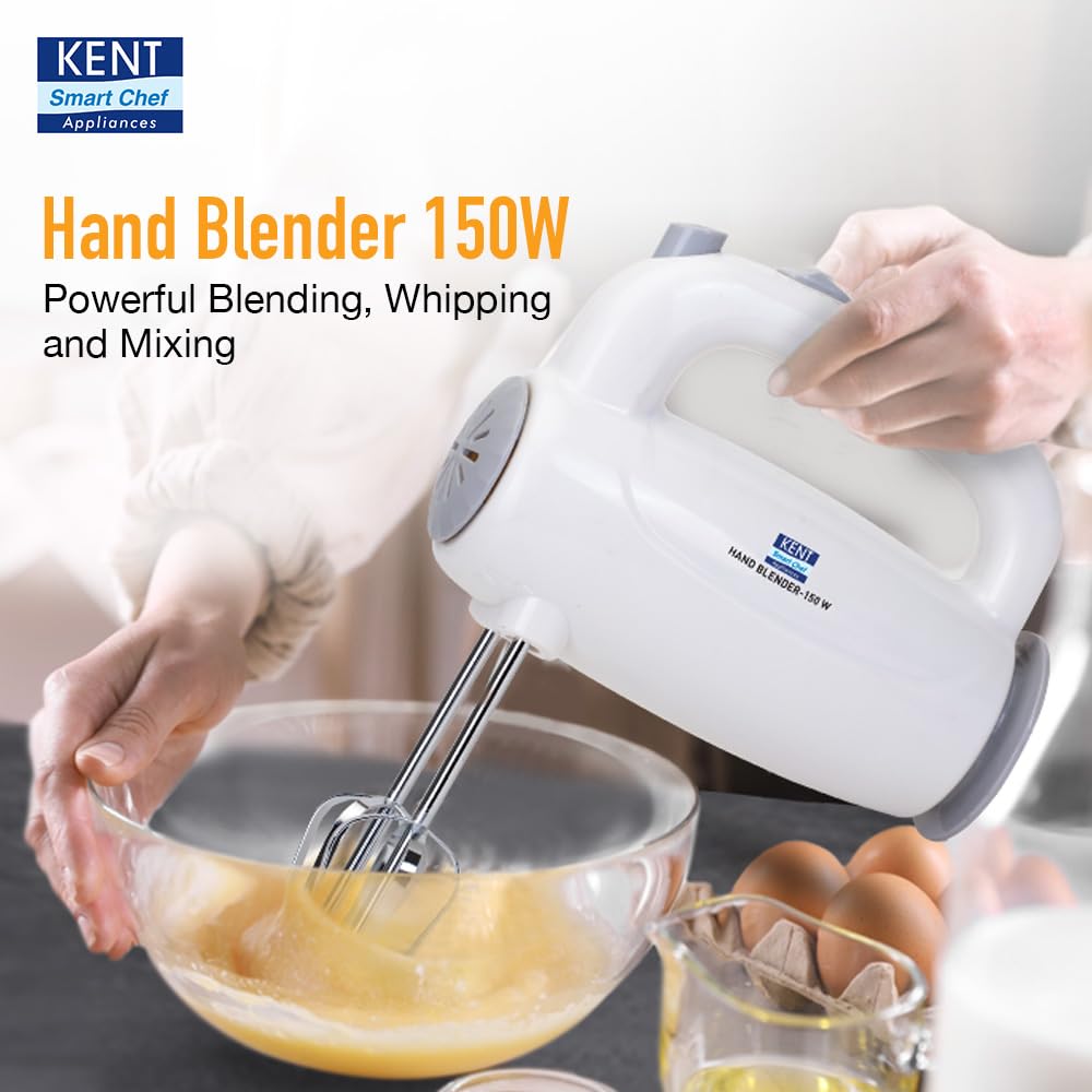 KENT 150W, 5 Speed Control, Copper Motor, Multiple Beaters, Overheating Protection, Food Grade Plastic Body Hand Blender (White)