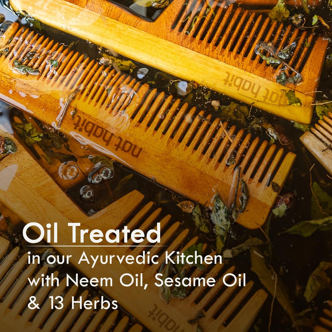 Nat Habit Kacchi Neem Wooden Comb, Soaked In 17 Herbs Neem & Sesame Oil For Multi-Actions - Detangling, Frizz Control & Shine,Suited For All Hair Types (Dual Tooth)