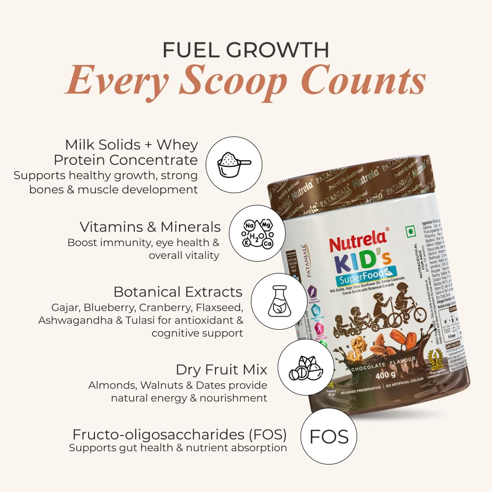 Nutrela Kids Protein Powder - 400g, Chocolate Flavour | Helps in Memory and Brain Development | Improve Muscle Mass, Bone and Teeth Strength | Ideal for 4 to 15 Years