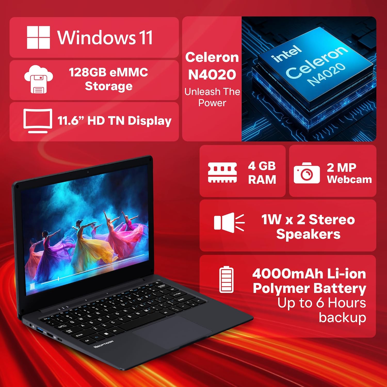 EBook 11.6" HD Laptop | Best Student & Office Work Laptop | Celeron N4020 | 4GB DDR4 | 128GB eMMC + M.2 SSD Expandable Slot