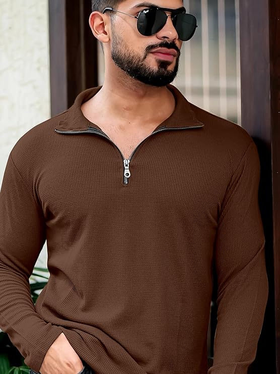 KAJARU Men's Polyester Blend T Shirt with Spread Collar Neck Line Zipper Closure Full Sleeves Solid Pattern Regular Fit and Standard Length