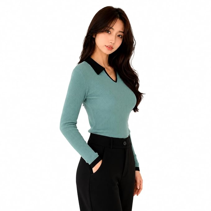 BLACK BUDDY Women's Cotton Blend Full Sleeve Collared V Neck T Shirt for Women | Regular Fit Solid Rib Knit Stretch Top | Casual Office College Formal T Shirt | S-XXL