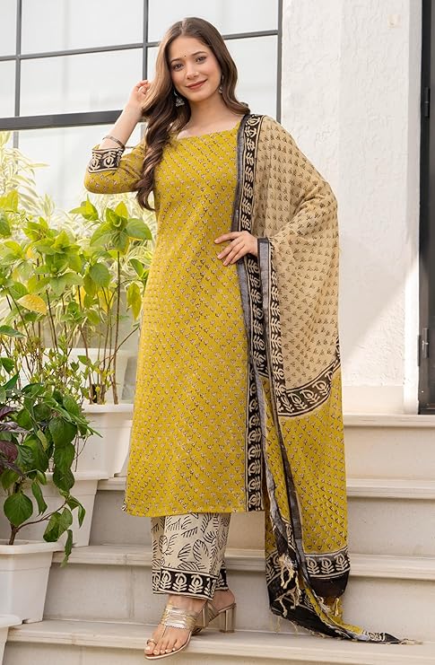 Amayra Women's Pure Cotton Straight Kurta Set with Palazzo Pants & Dupatta|Ethnic wear|Kurta Set for Women