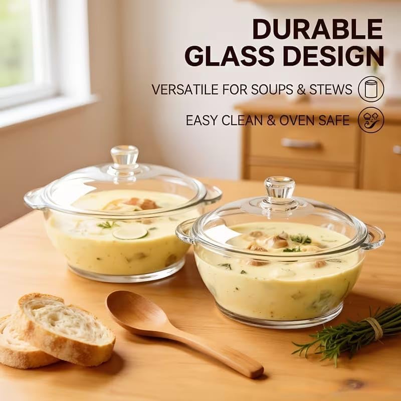 Glass Casserole Dish with Lid, 1000ml, Clear, Heat-Resistant, Microwave and Dishwasher Safe, for Soups and Stews - 1 pcs