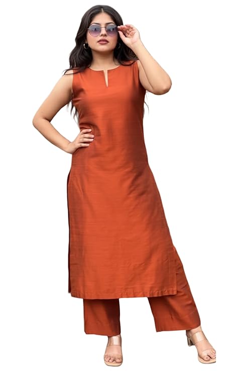 ANNI Designer Women’s Rayon Viscose Straight Solid Kurta with Palazzo Set | Sleeveless Ethnic Wear | Comfortable Two Piece Outfit for Office, Casual & Daily Use