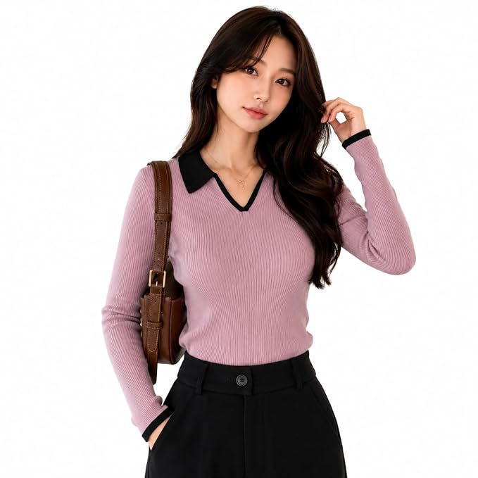 BLACK BUDDY Women's Cotton Blend Full Sleeve Collared V Neck T Shirt for Women | Regular Fit Solid Rib Knit Stretch Top | Casual Office College Formal T Shirt | S-XXL