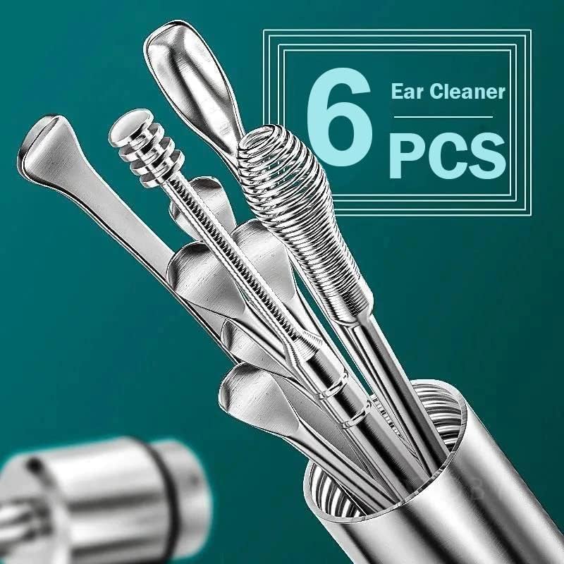 Ear Wax Cleaner (6 Pc) Resuable Ear Wax Cleaner Reusable Removal Kit Steel Ear Cleansing Tool Set Spiral Ear Curette Tool with Cleaning Brush For Kids Man Woman (STEEL)