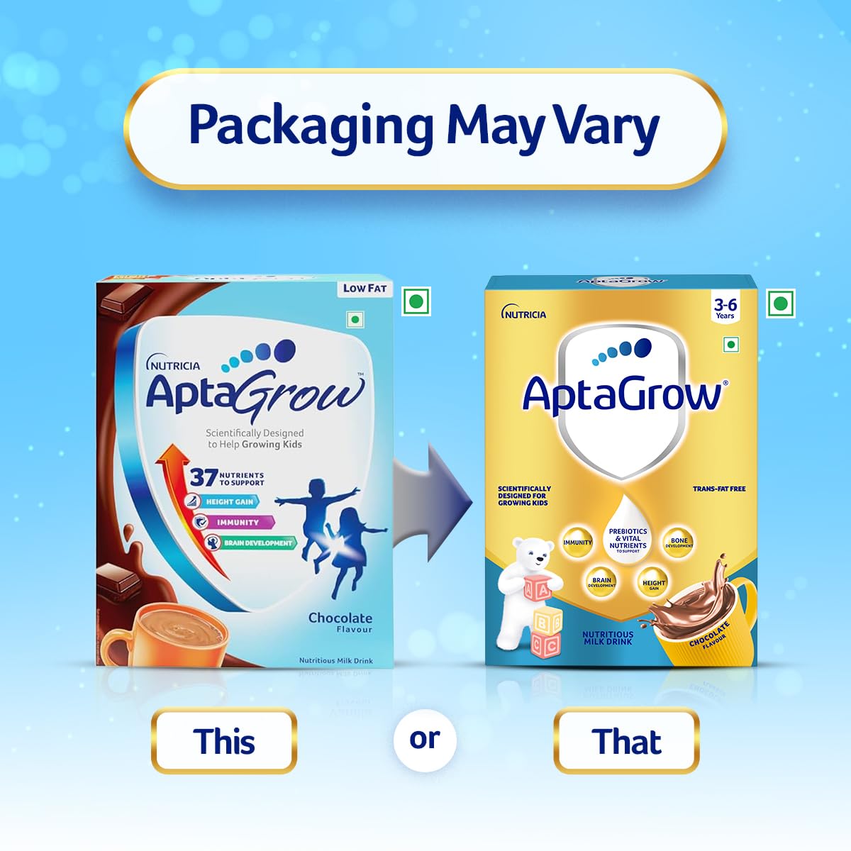 AptaGrow Milk Drink Powder For Kid S Height Gain,Immunity & Brain Development,Nutritious & Tasty Chocolate Flavor,400 G|37 Nutrients|Prebiotics|Low Fat|Veg,1 Count,13 Servings