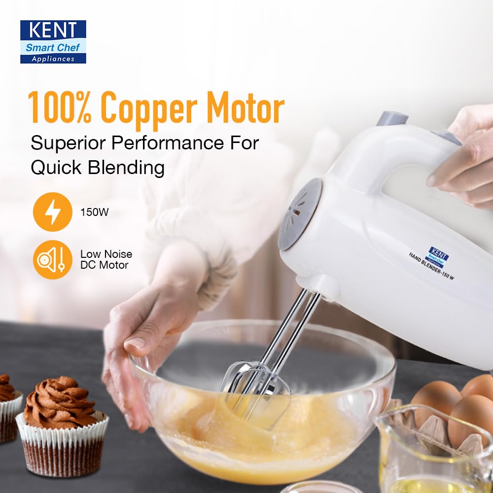 KENT 150W, 5 Speed Control, Copper Motor, Multiple Beaters, Overheating Protection, Food Grade Plastic Body Hand Blender (White)