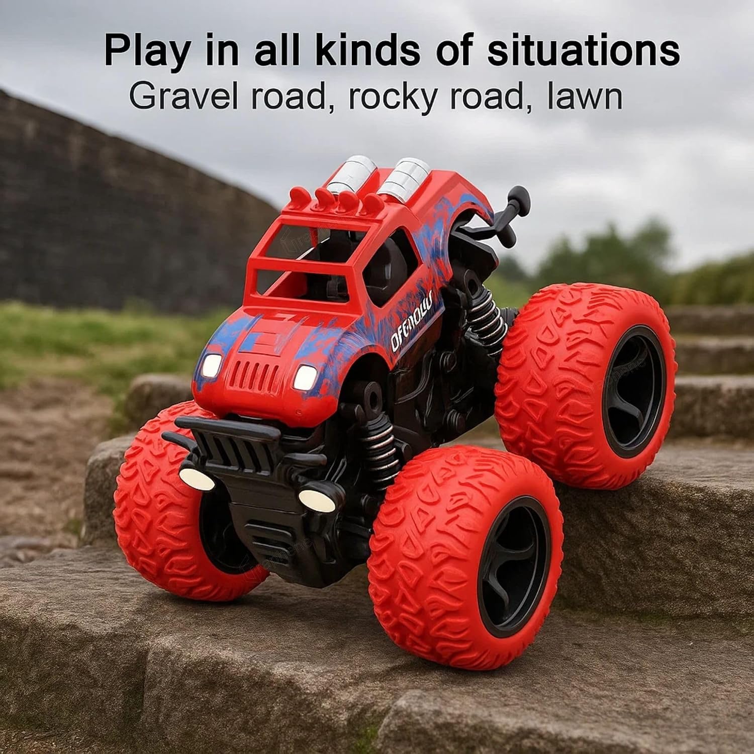 GRAPHENE 4WD Friction Powered Monster Truck Toy Push & Go Off-Road Car for Kids Amazing 360° Stunts