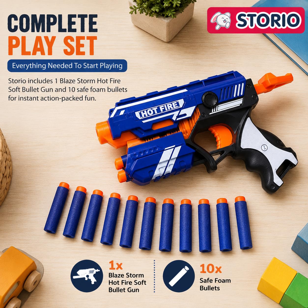Storio Blaze Storm Hot Fire Soft Bullet Gun Toy With 10 Safe Soft Foam Bullets, Fun Target Shooting Battle Fight Game For Kids Boys (Blaze Storm- Hot Fire),Multicolor
