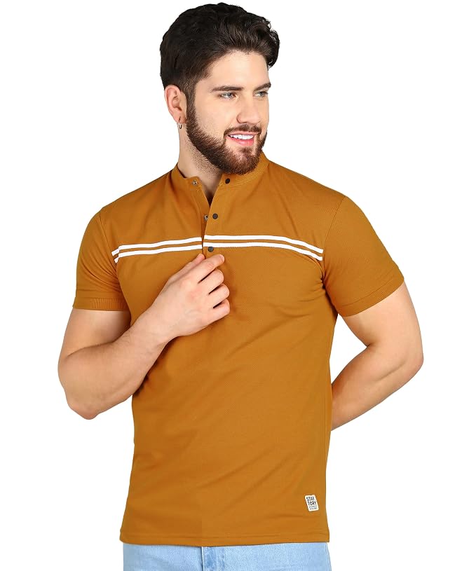 Alan Jones Clothing Men's Cotton Regular Fit Mandarin Collar Solid Polo T-Shirt